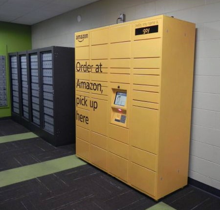 An image of the Amazon locker named "Goy" inside the mail room lobby of the Student Union