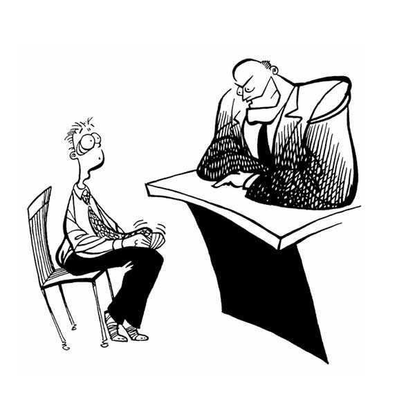 Cartoom drawing of man in business suit looking intimidating in front of a guy sitting in the a char across from him looking nervous