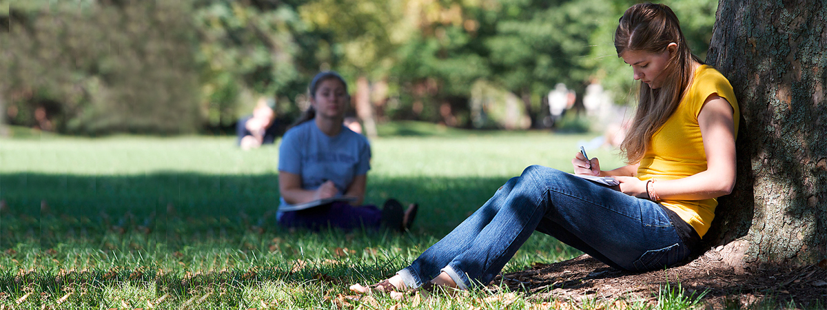girl with long brown hair and yellow shirt sitting on lawn leaning against tree writing in notebook