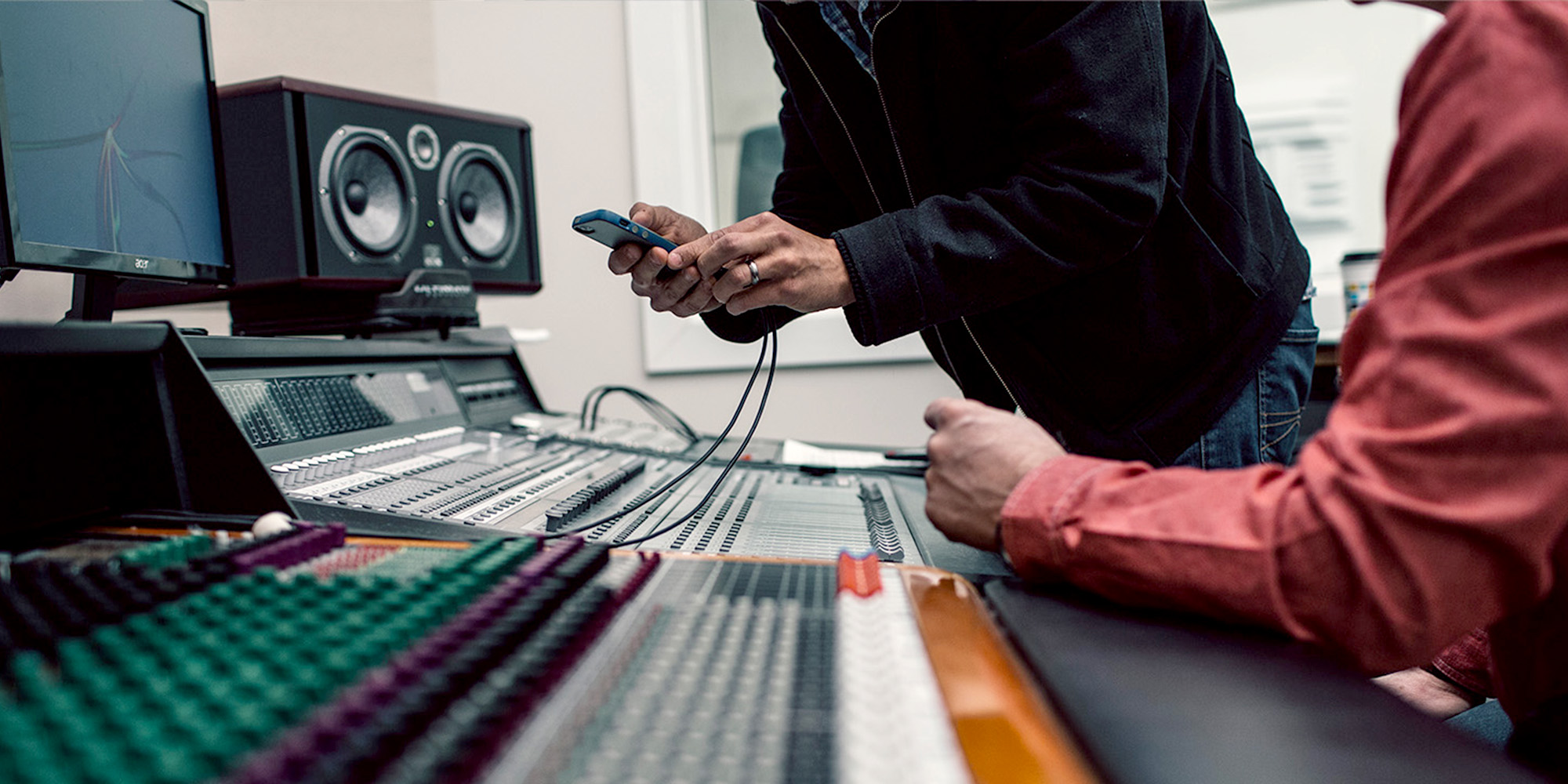 Alumni in the music studio, The OU studio consists of a mai…