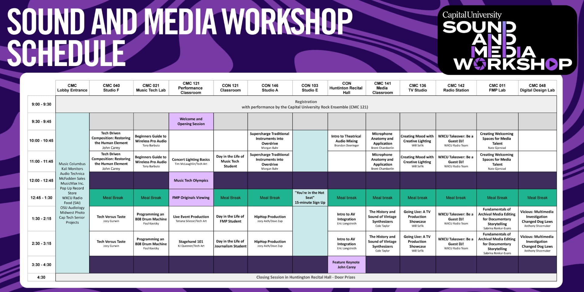 Schedule grid for the Capital University Sound and Media Workshop, showing sessions across 13 rooms from 9:00 AM to 4:30 PM. Sessions include topics in audio production, lighting, broadcasting, film, and media technology.